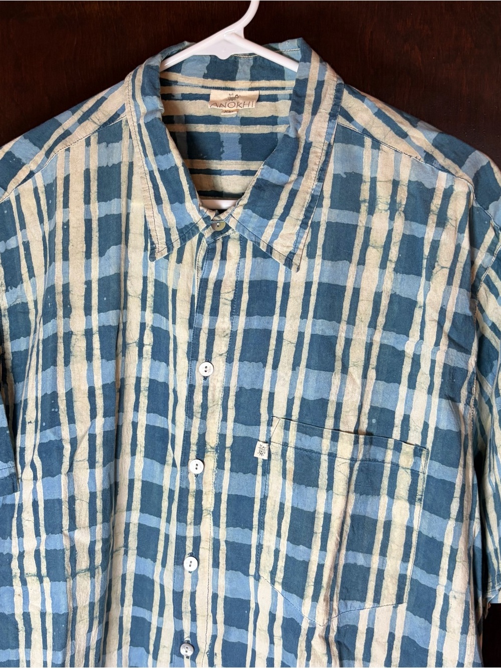 Anokhi Men’s XXL Shirt 100% Cotton Short-sleeved Abstract  Blue Splatter Plaid